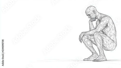 wireframe polygon man is thinking in futuristic retro style, vector of a great thinker