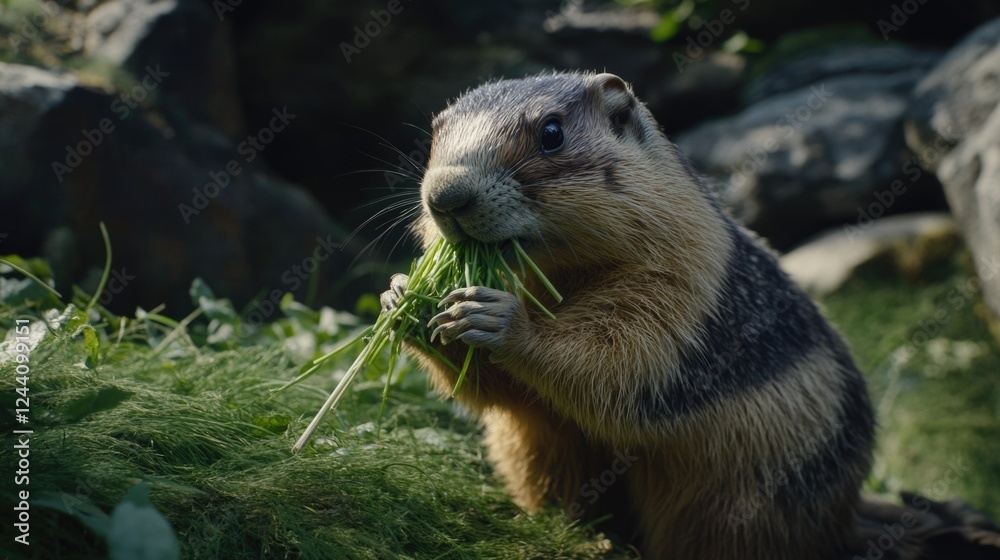A groundhog munching on grass in a rocky terrain A groundhog munching on grass in a rocky terrain