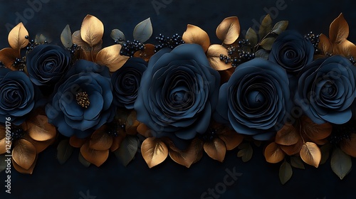 Dark Blue Roses Gold Leaves Elegant Floral Arrangement