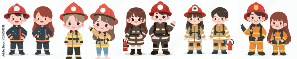 set vector kids in firefighter uniform standing happily set vector kids in firefighter uniform standing happily