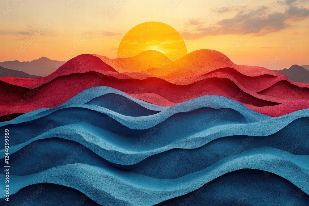 Fototapeta premium Stunning sunset over abstract colored waves in a tranquil landscape