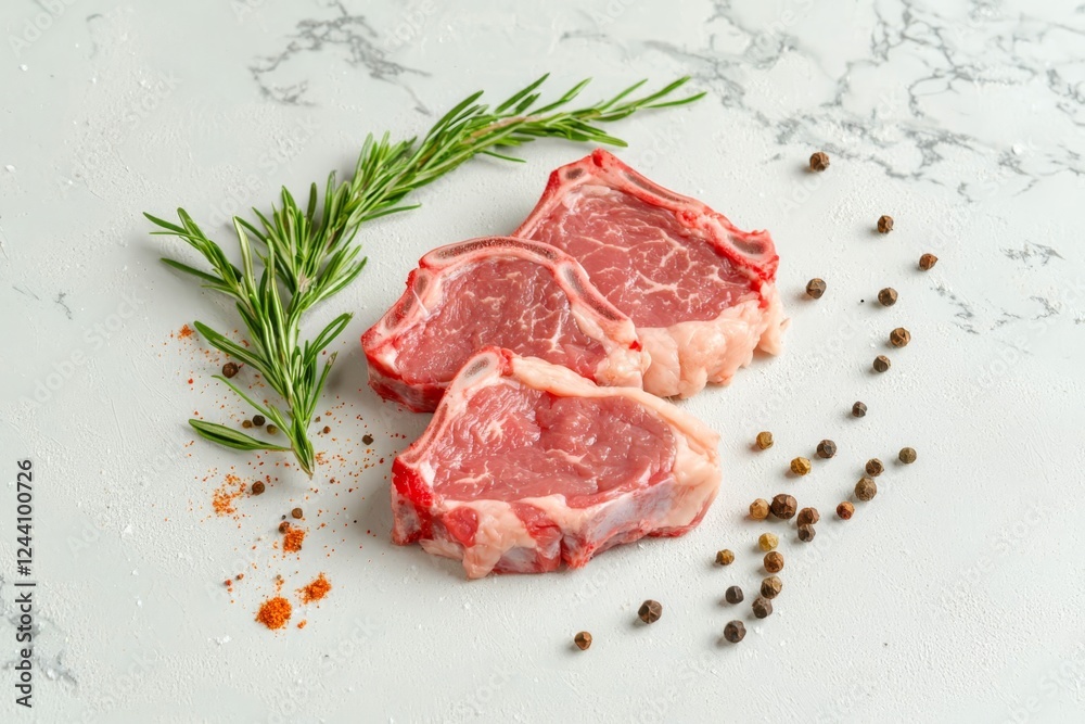 Fototapeta premium Fresh raw meat. Beef steaks and spices on the table. Selective focus.