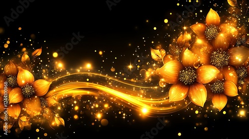 Golden Flowers Sparkle Brightly Against Black Background
