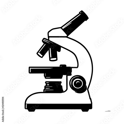 An illustration featuring a black microscope silhouette set against a clean white background depicting a laboratory microscope with detailed lenses and adjustment knobs.