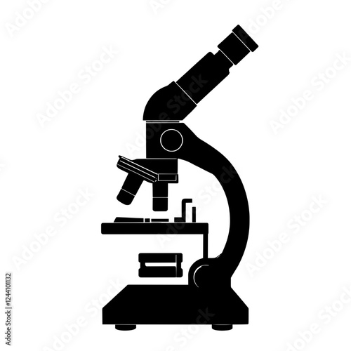 An illustration featuring a black microscope silhouette set against a clean white background depicting a laboratory microscope with detailed lenses and adjustment knobs.