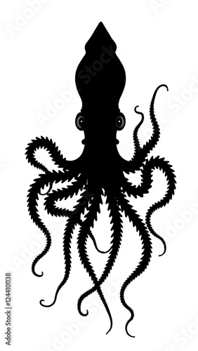 An illustration featuring a black squid silhouette set against a clean white background depicting a squid with detailed tentacles and fins, symbolizing adaptability and intelligence.