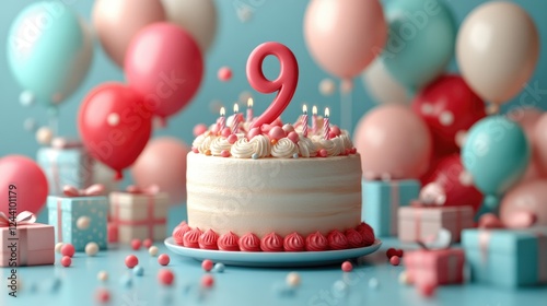 A festive birthday cake with a pink number 9, surrounded by balloons and gifts.