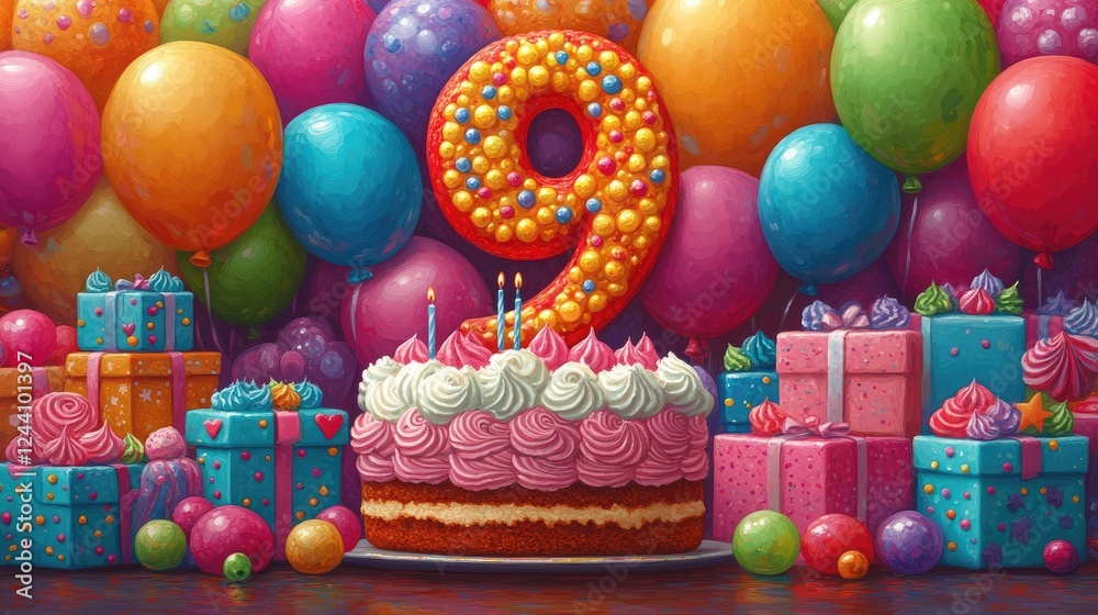Fototapeta premium A festive birthday scene with a cake, colorful balloons, and gifts celebrating a 9th birthday.