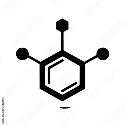 An illustration featuring a black benzene molecule silhouette set against a clean white background depicting a C6H6 structure with a hexagonal ring and alternating double bonds.