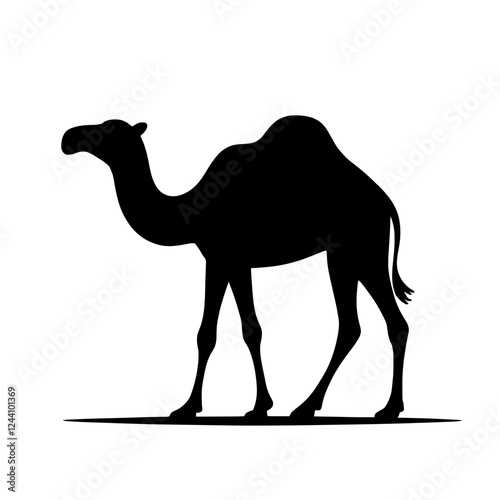 An illustration featuring a black camel silhouette set against a clean white background showing a camel with detailed humps and legs, symbolizing endurance and travel.