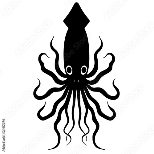 An illustration featuring a black squid silhouette set against a clean white background depicting a squid with detailed tentacles and fins, symbolizing adaptability and intelligence.