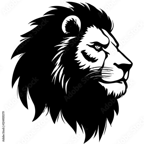 An illustration featuring a black lion face silhouette set against a clean white background depicting a detailed lion face with sharp eyes and a flowing mane, symbolizing strength and courage.