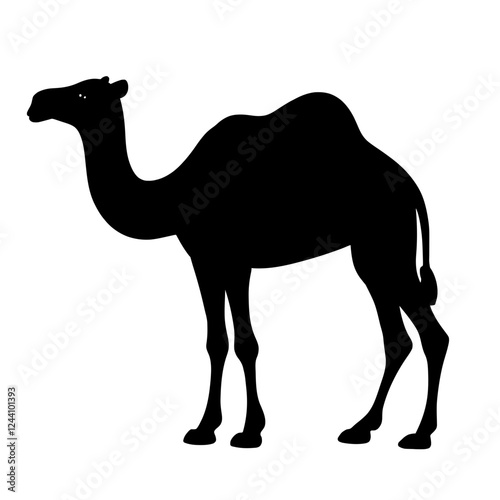 An illustration featuring a black camel silhouette set against a clean white background showing a camel with detailed humps and legs, symbolizing endurance and travel.