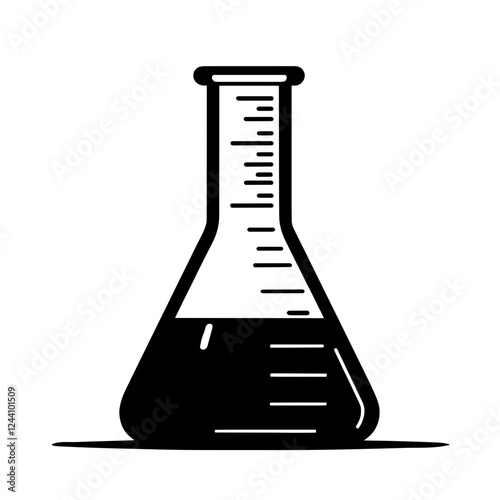 An illustration featuring a black flask silhouette set against a clean white background showing a laboratory flask with detailed measurements and shape.