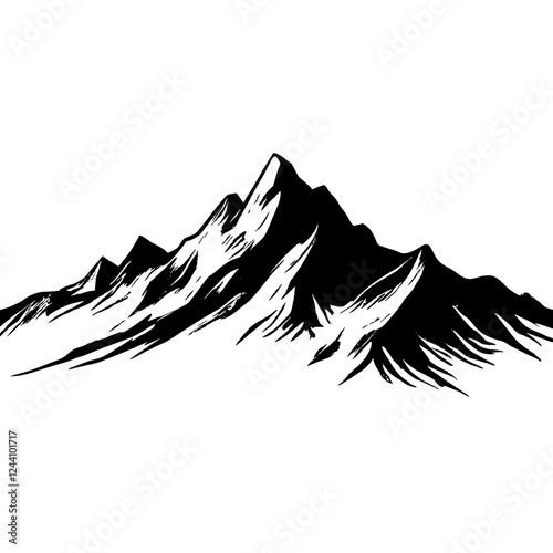 An illustration featuring a black mountain silhouette set against a clean white background showing jagged peaks with detailed slopes and ridges.