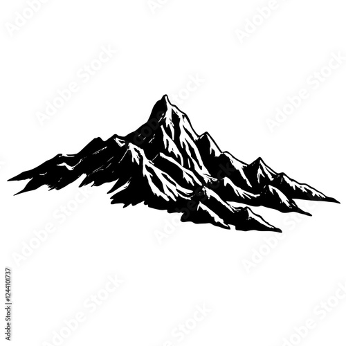 An illustration featuring a black mountain silhouette set against a clean white background showing jagged peaks with detailed slopes and ridges.