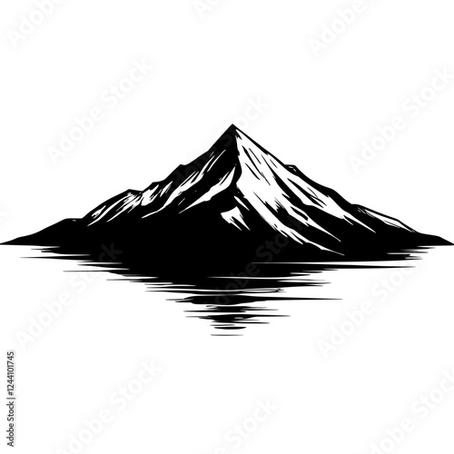 An illustration featuring a black mountain silhouette set against a clean white background showing jagged peaks with detailed slopes and ridges.