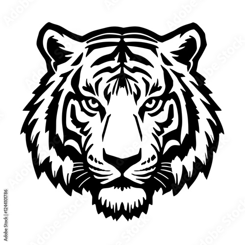 An illustration featuring a tiger face silhouette set against a clean white background showing a detailed tiger face with sharp eyes and distinct stripes, symbolizing power and ferocity.