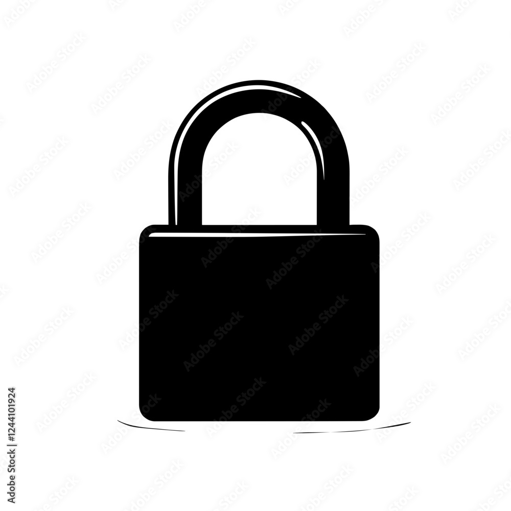 An illustration featuring a black lock silhouette set against a clean white background depicting a classic padlock with detailed shackle and body design. An illustration featuring a black lock silhouette set against a clean white background depicting a classic padlock with detailed shackle and body design.