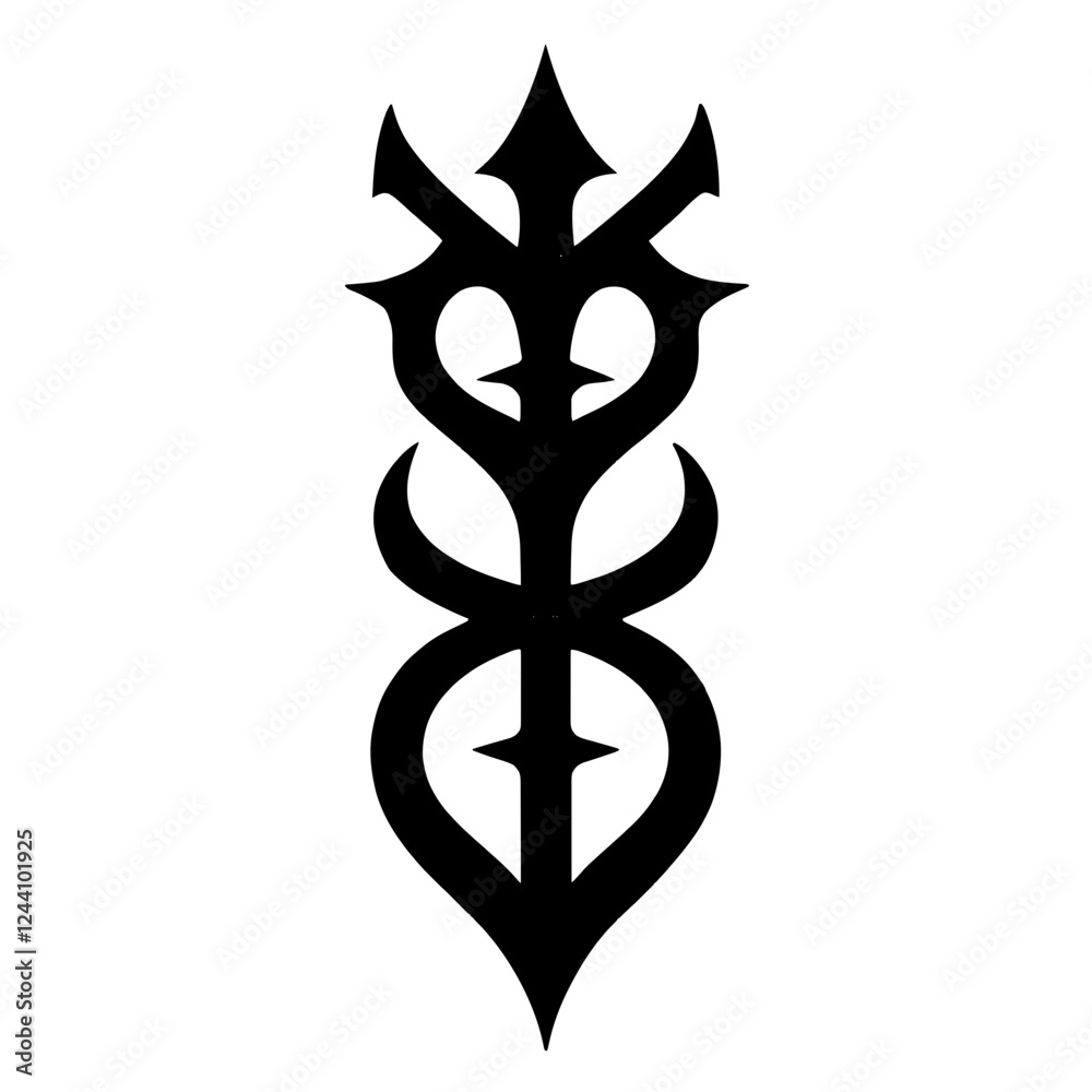 An illustration featuring a black ancient sigil silhouette set against a clean white background depicting a character with complex intersections and curves, symbolizing destiny and fate. An illustration featuring a black ancient sigil silhouette set against a clean white background depicting a character with complex intersections and curves, symbolizing destiny and fate.