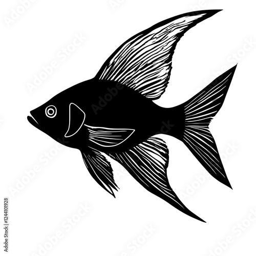 An illustration featuring a black angelfish silhouette set against a clean white background showing an angelfish with detailed fins and body, symbolizing elegance and beauty.
