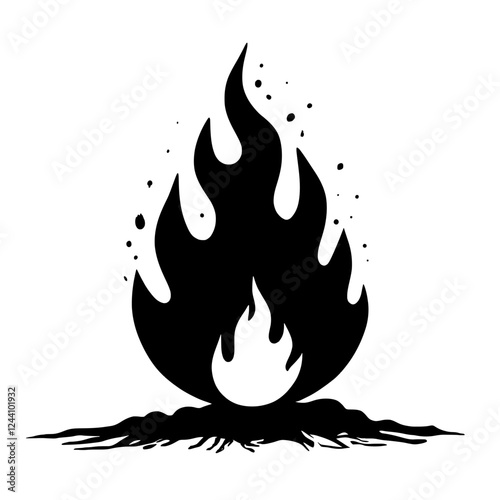 An illustration featuring a black flame silhouette set against a clean white background depicting a stylized fire with detailed flickering shapes.