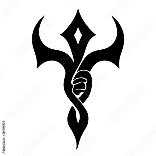 An illustration featuring a black ancient sigil silhouette set against a clean white background depicting a character with complex intersections and curves, symbolizing destiny and fate.