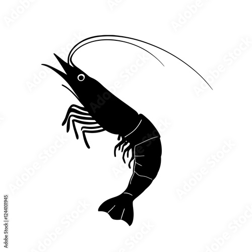 An illustration featuring a black shrimp silhouette set against a clean white background showing a shrimp with detailed antennae and legs, symbolizing delicacy and agility.