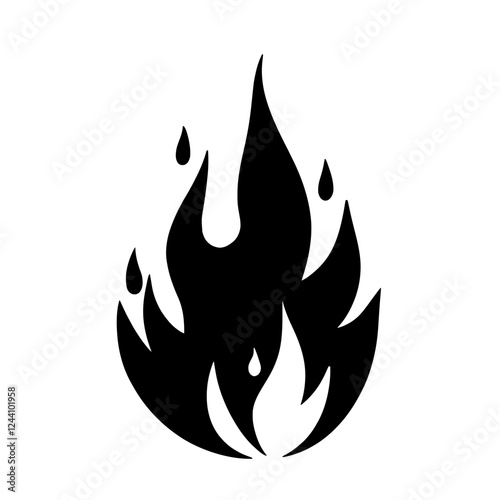 An illustration featuring a black flame silhouette set against a clean white background depicting a stylized fire with detailed flickering shapes.