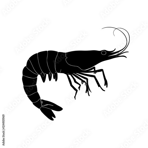 An illustration featuring a black shrimp silhouette set against a clean white background showing a shrimp with detailed antennae and legs, symbolizing delicacy and agility.