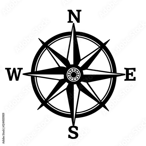 An illustration featuring a black compass silhouette set against a clean white background showing a compass rose with detailed directional points.