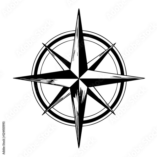 An illustration featuring a black compass silhouette set against a clean white background showing a compass rose with detailed directional points.