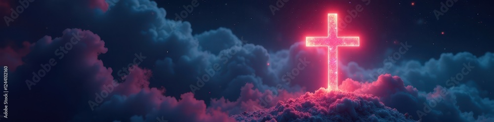 Glowing ethereal cross, vibrant colors against dark backdrop, religious, abstract