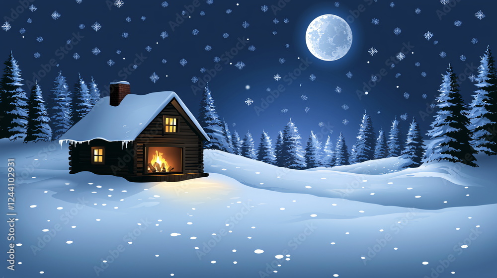 Naklejka premium Cozy cabin glowing with warm light in snowy winter landscape under a full moon and starry sky.