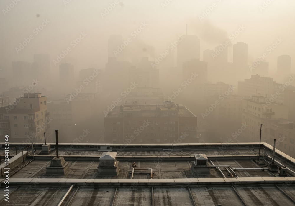 Fototapeta premium Foggy cityscape view urban environment aerial photography dusk