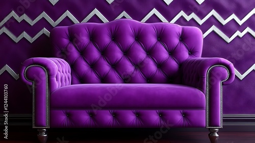 Luxurious Purple Velvet Chair Against Chevron Wall