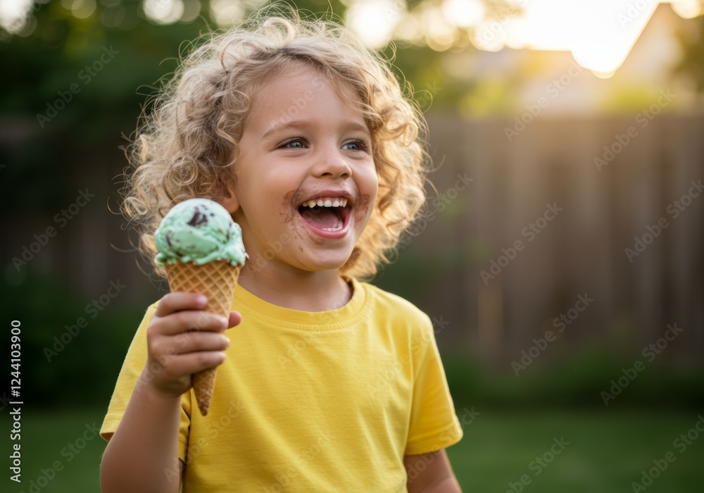Child enjoying mint ice cream cone in backyard joyful outdoor scene Child enjoying mint ice cream cone in backyard joyful outdoor scene
