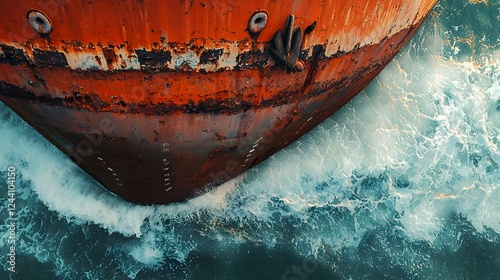 Close up view of a cargo ship s textured and weathered hull being pummeled by powerful crashing ocean waves creating a dramatic and dynamic maritime scene photo