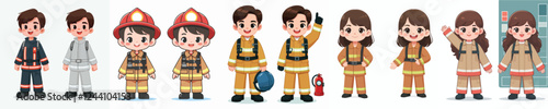 set vector kids in firefighter uniform standing happily