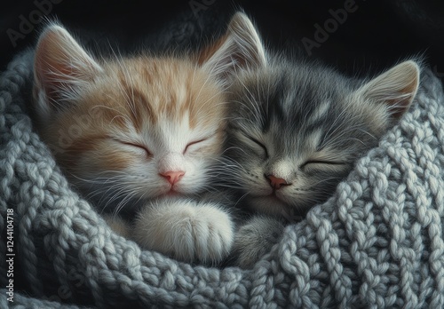 Cozy Kittens Snuggling Together in a Soft Knit Blanket with Closed Eyes, Exuding Warmth and Comfort on a Gentle Winter Evening