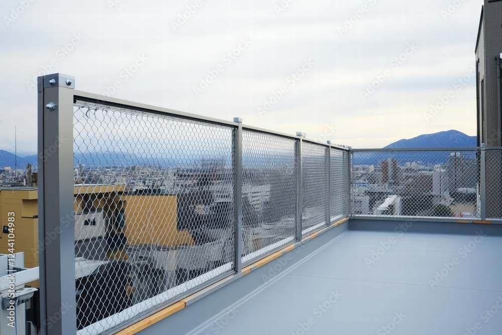 Fototapeta premium Installing fencing on a rooftop to enhance safety and aesthetics in urban buildings