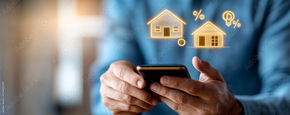 Digital Home Search: Close-up shot of a person's hands holding a smartphone with digital icons of houses and a percentage sign hovering above.