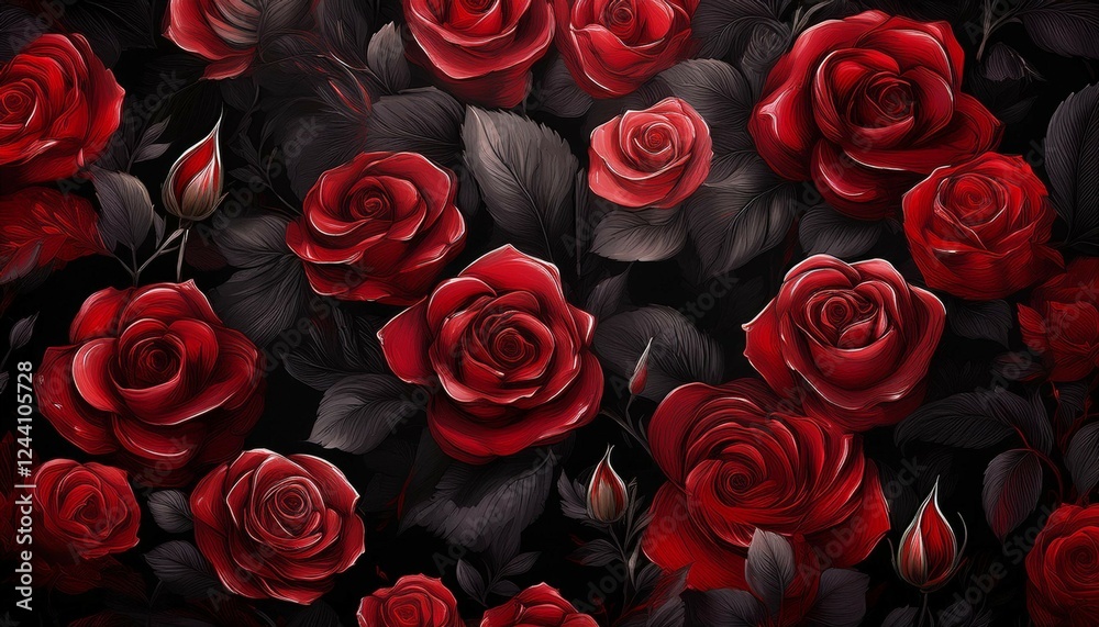 black and red rose patterned background with red roses in the foreground black and red rose patterned background with red roses in the foreground