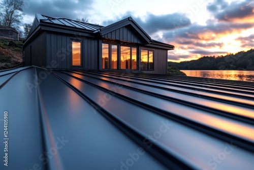 Metal roofing sheets arranged for installation on modern lakeside building at sunset photo