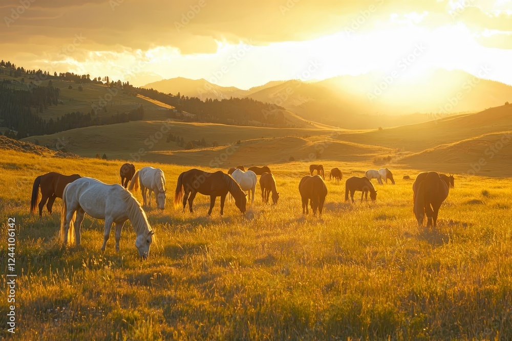 The horses grazing in the golden hour. The horses grazing in the golden hour.