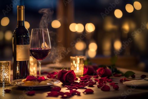 Wallpaper Mural Candlelight Dinner table on valentine day with Wine and Rose Petals Torontodigital.ca