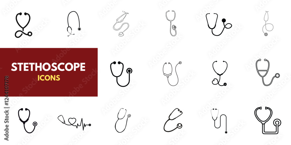 A set of stethoscope icons, medical design elements, and clipart. The theme is medicine, pandemics, health care, and treatment. A set of stethoscope icons, medical design elements, and clipart. The theme is medicine, pandemics, health care, and treatment.
