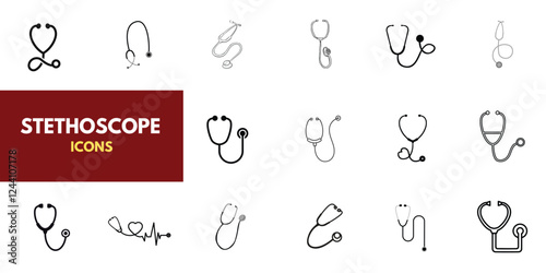 A set of stethoscope icons, medical design elements, and clipart. The theme is medicine, pandemics, health care, and treatment. 