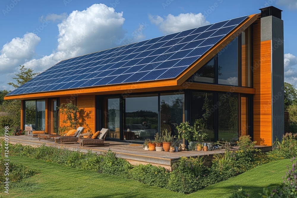Modern house with solar panels on the roof in a lush green environment Modern house with solar panels on the roof in a lush green environment