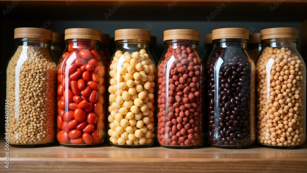 A neat display of glass jars filled with a variety of legumes like lentils, chickpeas, and beans, showcasing their versatility and nutritional value for plant-based meals. A neat display of glass jars filled with a variety of legumes like lentils, chickpeas, and beans, showcasing their versatility and nutritional value for plant-based meals.